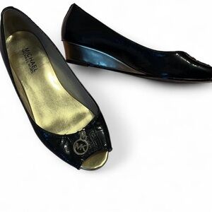 Michael Kors Early 2000s Shine Black Peep-Toe Wedges